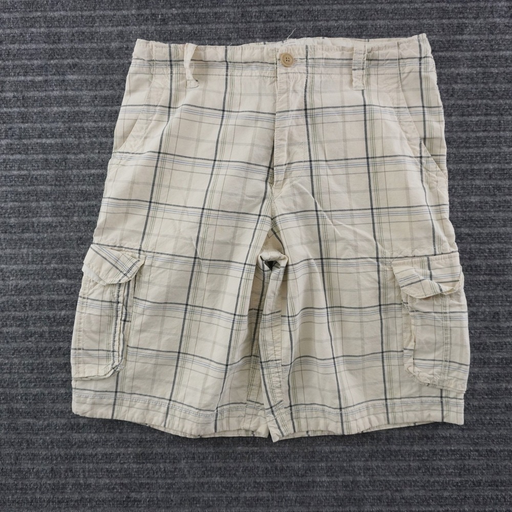 Y2K Aeropostale Cargo Shorts Mens 34 Cream Plaid Multi Pocket Drawstrings Cargo